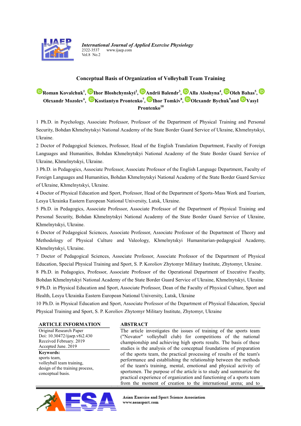 Conceptual Basis of Organization of Volleyball Team Training