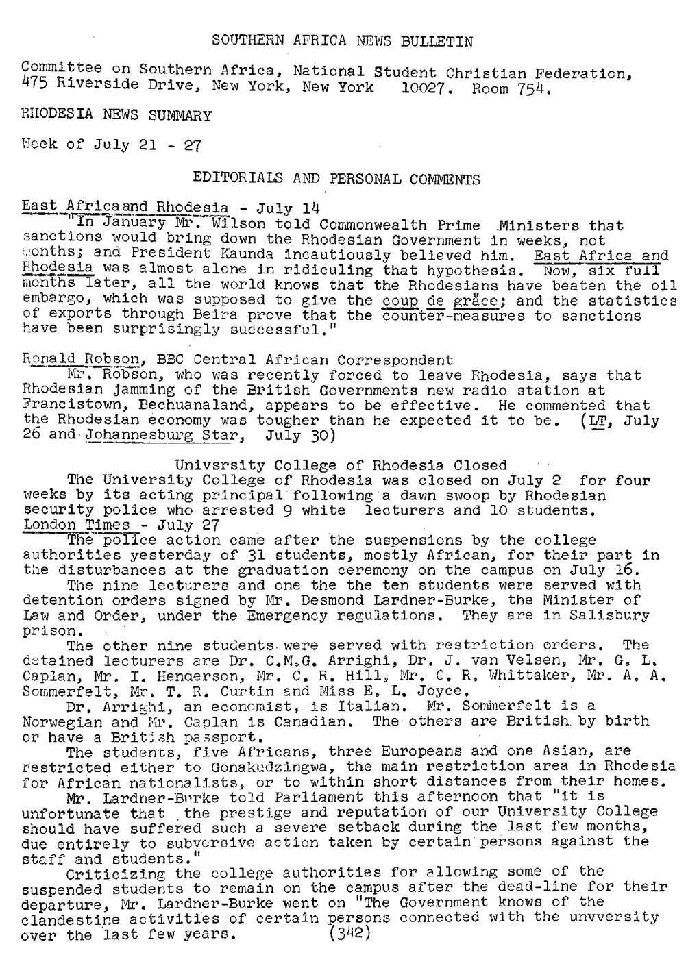 SOUTHERN AFRICA NEWS BULLETIN Committee on Southern Africa, National Student Christian Federation, 475 Riverside Drive, New York, New York 10027