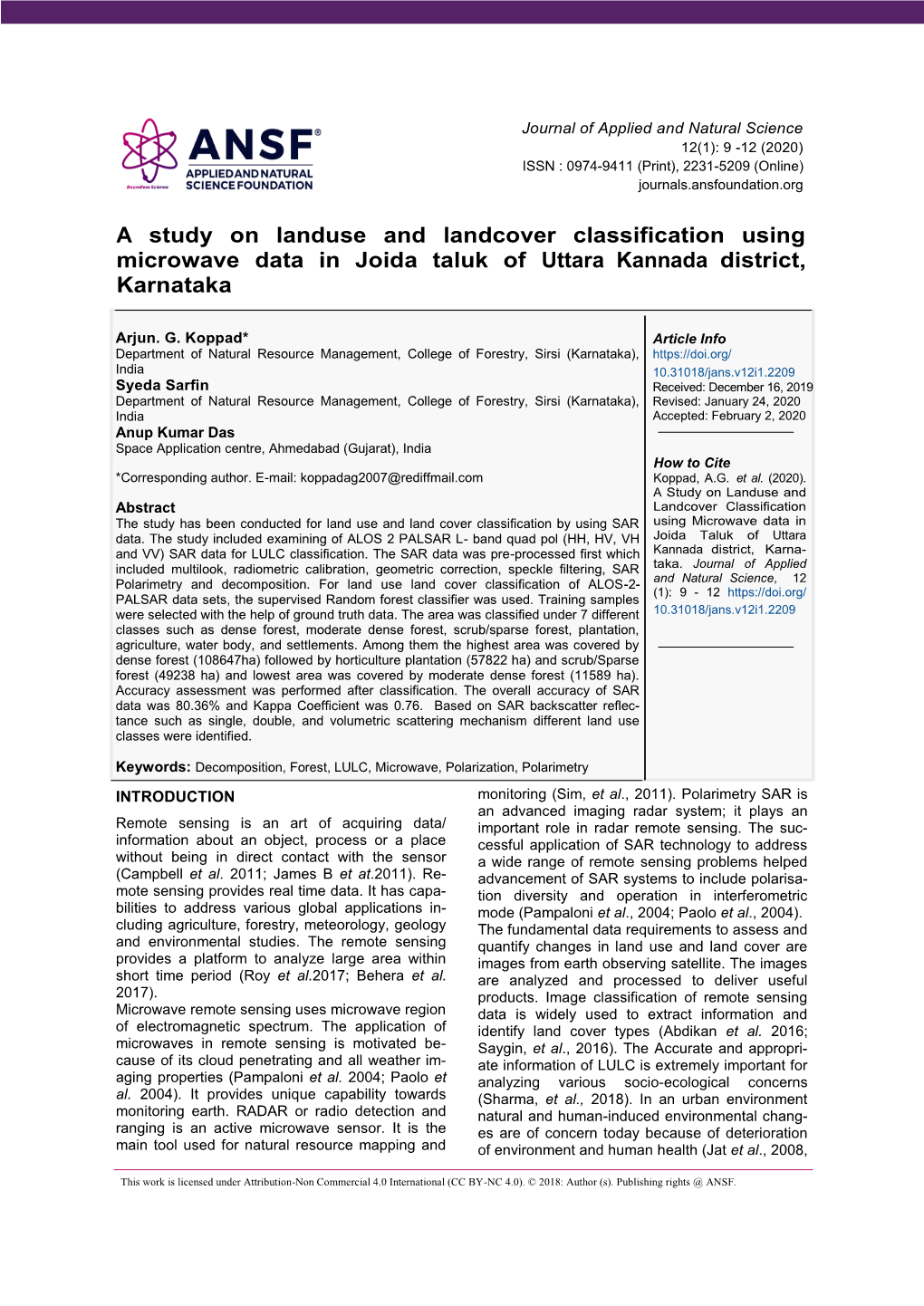 A Study on Landuse and Landcover Classification Using Microwave Data in Joida Taluk of Uttara Kannada District, Karnataka