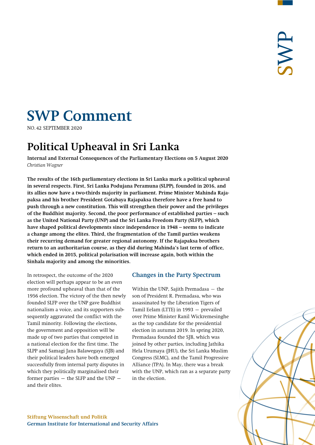 Political Upheaval in Sri Lanka Internal and External Consequences of the Parliamentary Elections on 5 August 2020 Christian Wagner