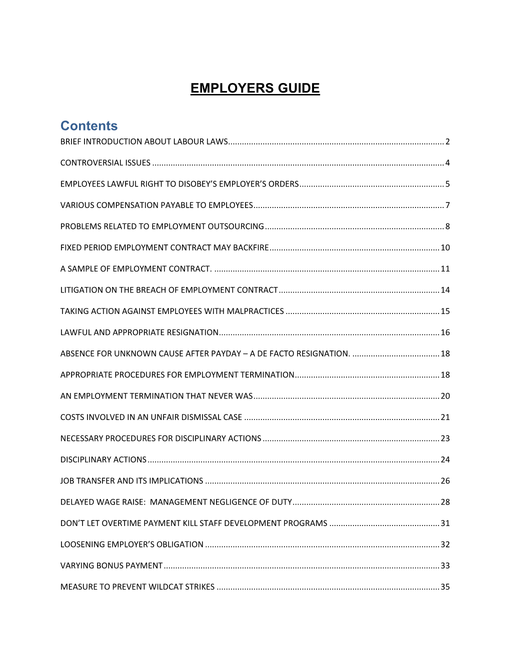 EMPLOYERS GUIDE Contents