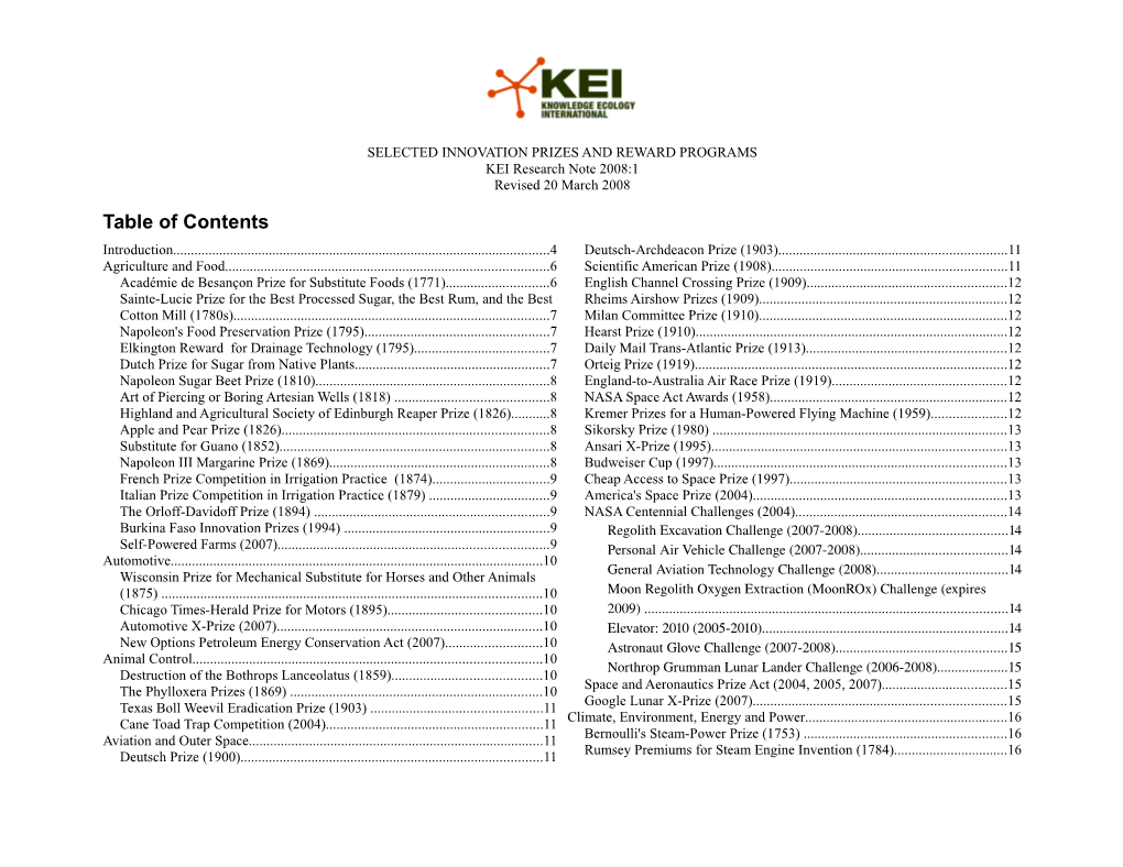 SELECTED INNOVATION PRIZES and REWARD PROGRAMS KEI Research Note 2008:1 Revised 20 March 2008