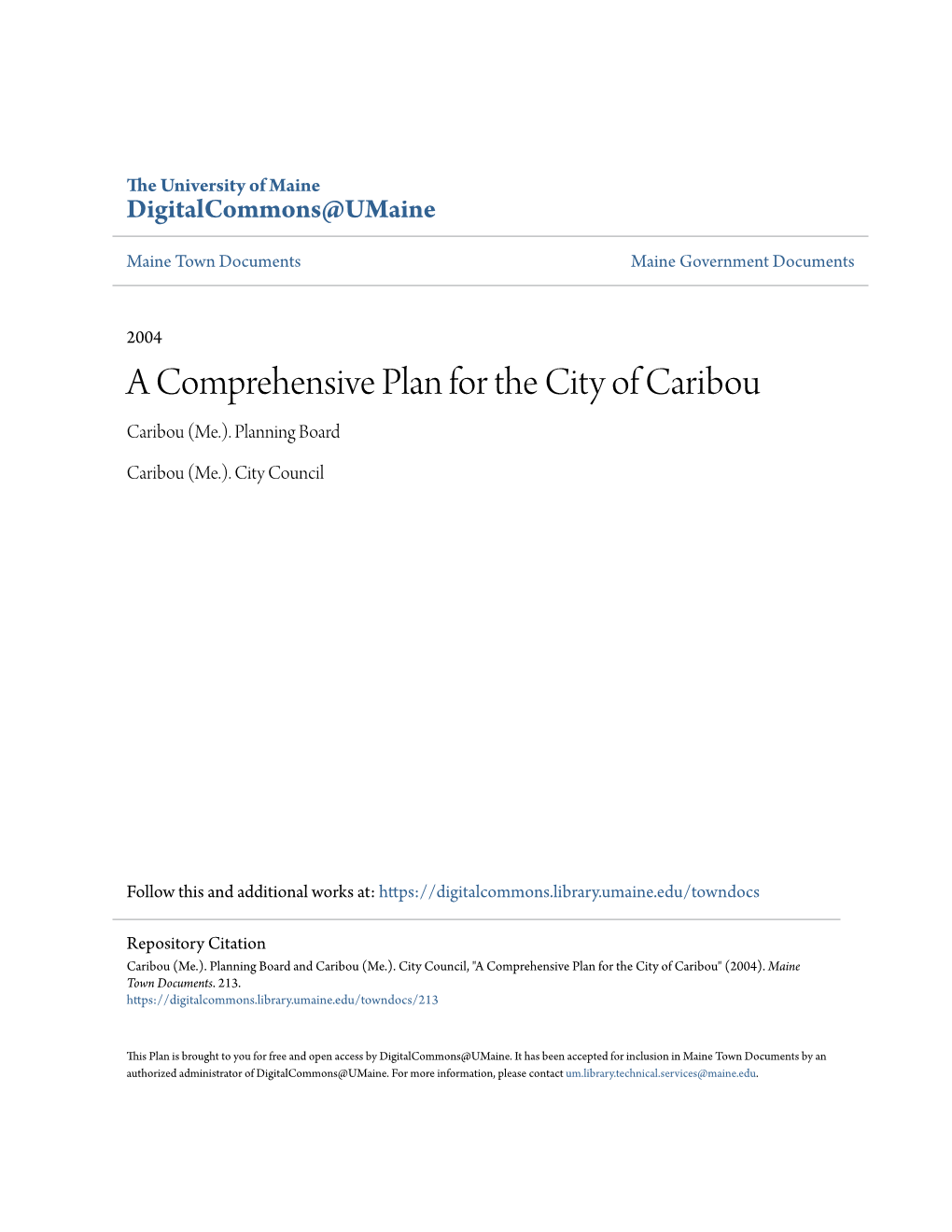 A Comprehensive Plan for the City of Caribou Caribou (Me.)