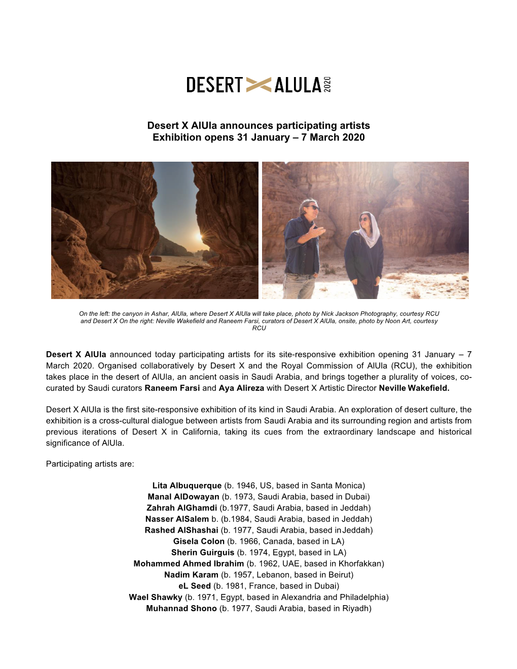 Desert X Alula Announces Participating Artists Exhibition Opens 31 January – 7 March 2020