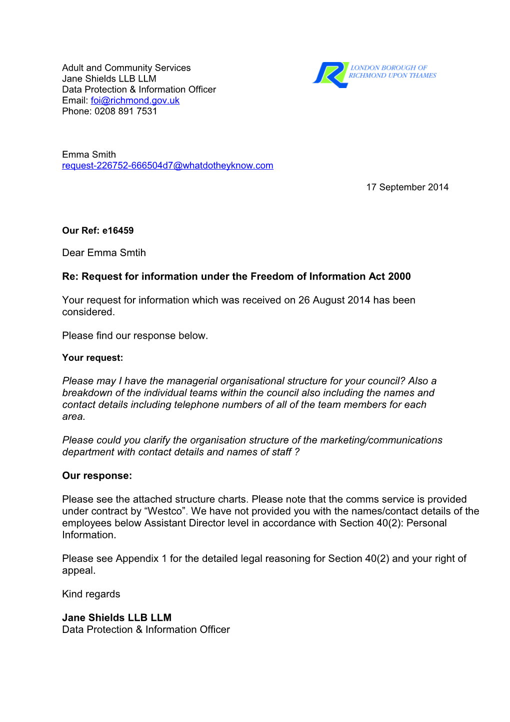 Re: Request for Information Under the Freedom of Information Act 2000