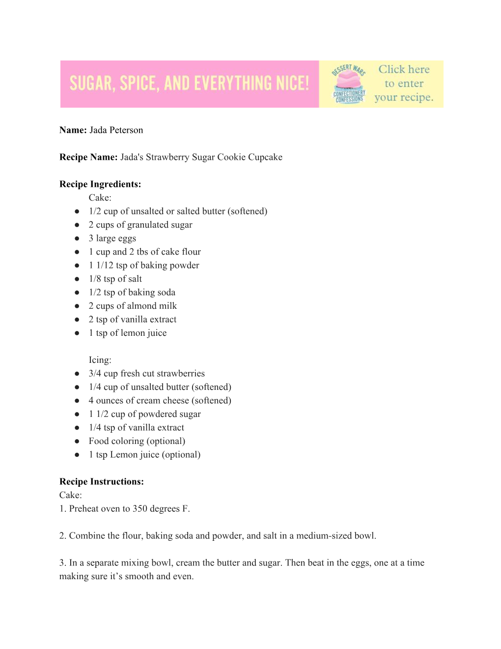 Jada's Strawberry Sugar Cookie Cupcake Recipe Ingredients