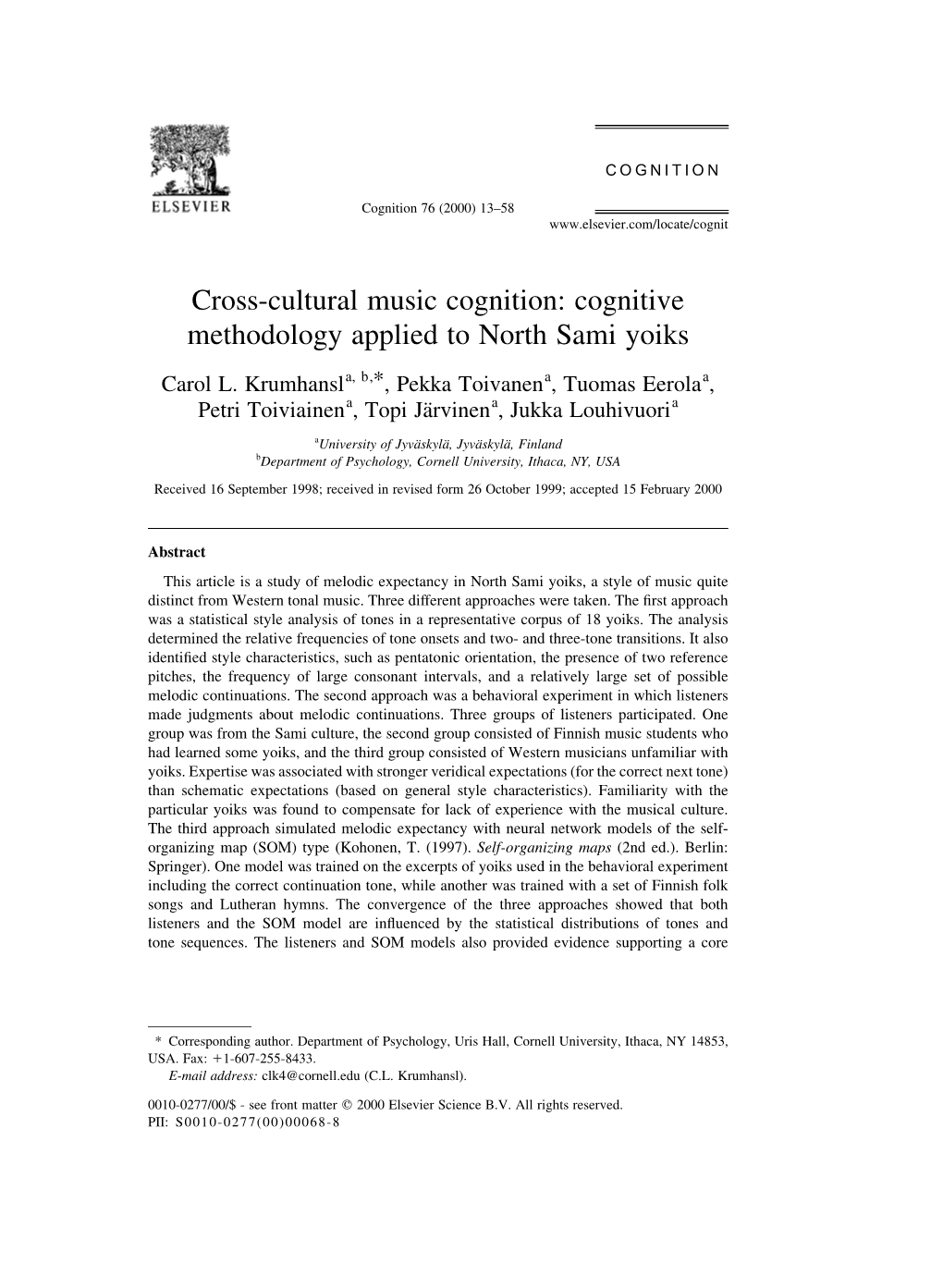 Cognitive Methodology Applied to North Sami Yoiks
