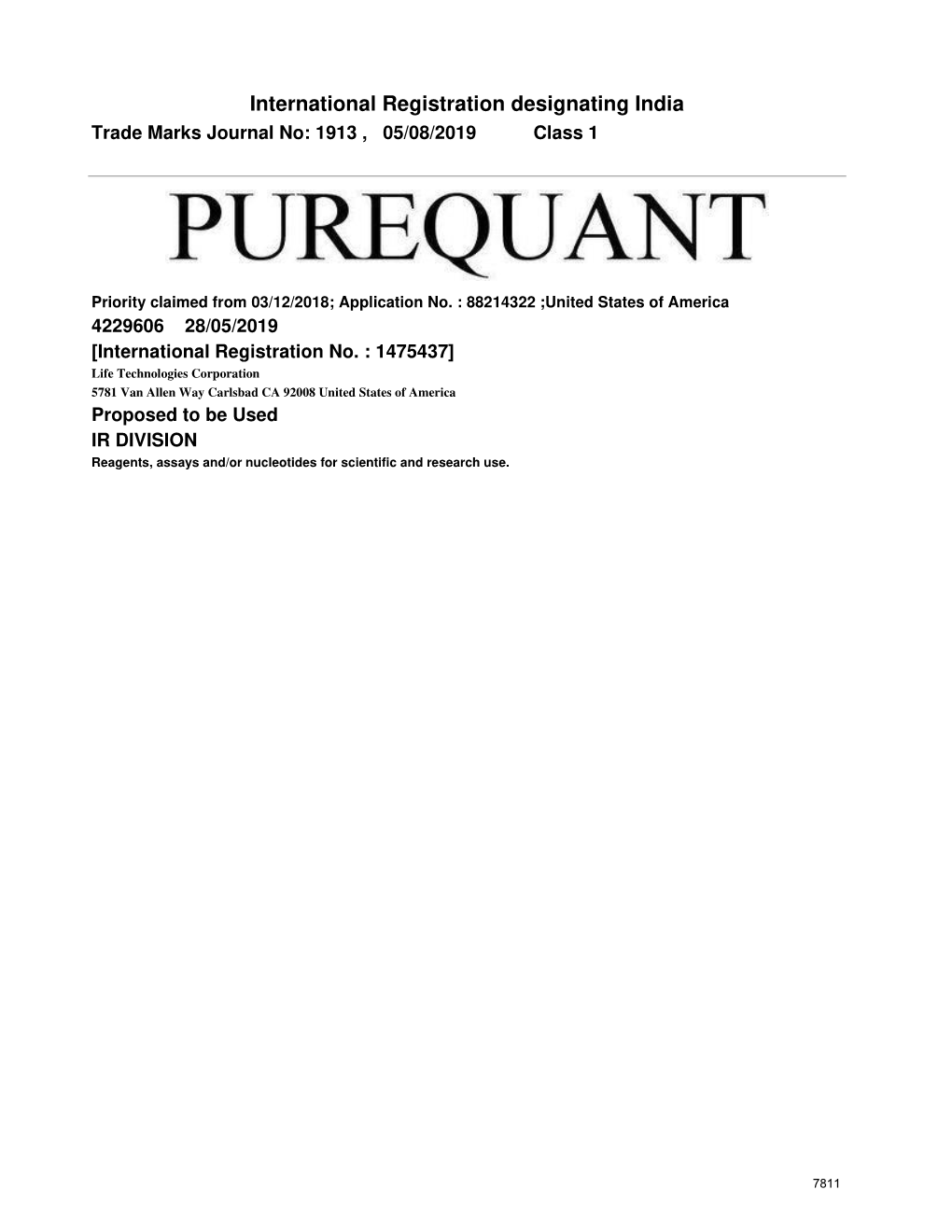 International Registration Designating India Trade Marks Journal No: 1913 , 05/08/2019 Class 1