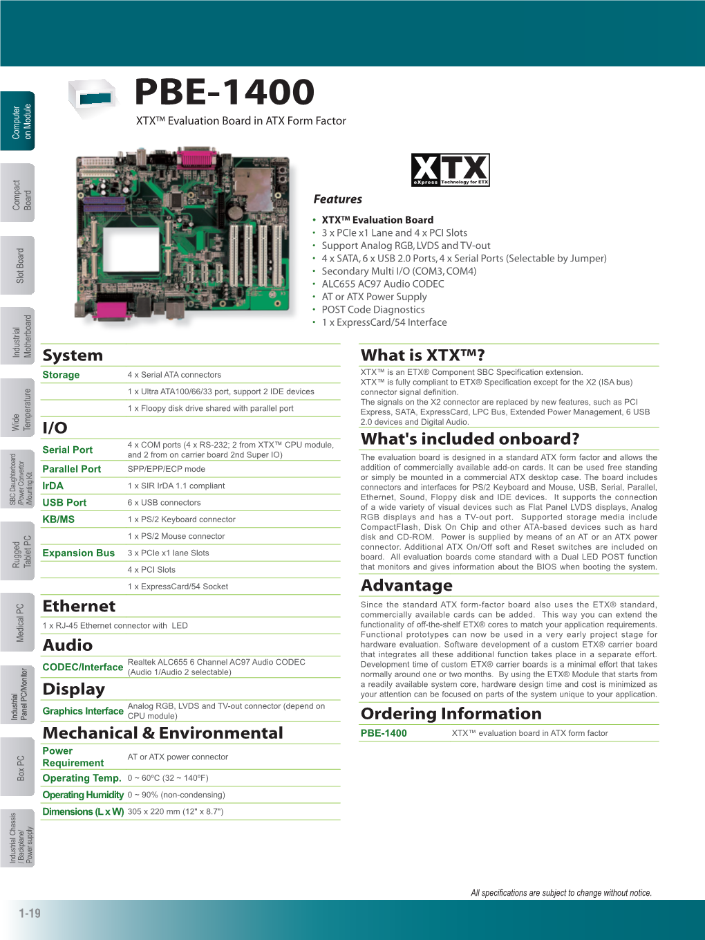 PBE-1400 XTX™ Evaluation Board in ATX Form Factor Computer on Module