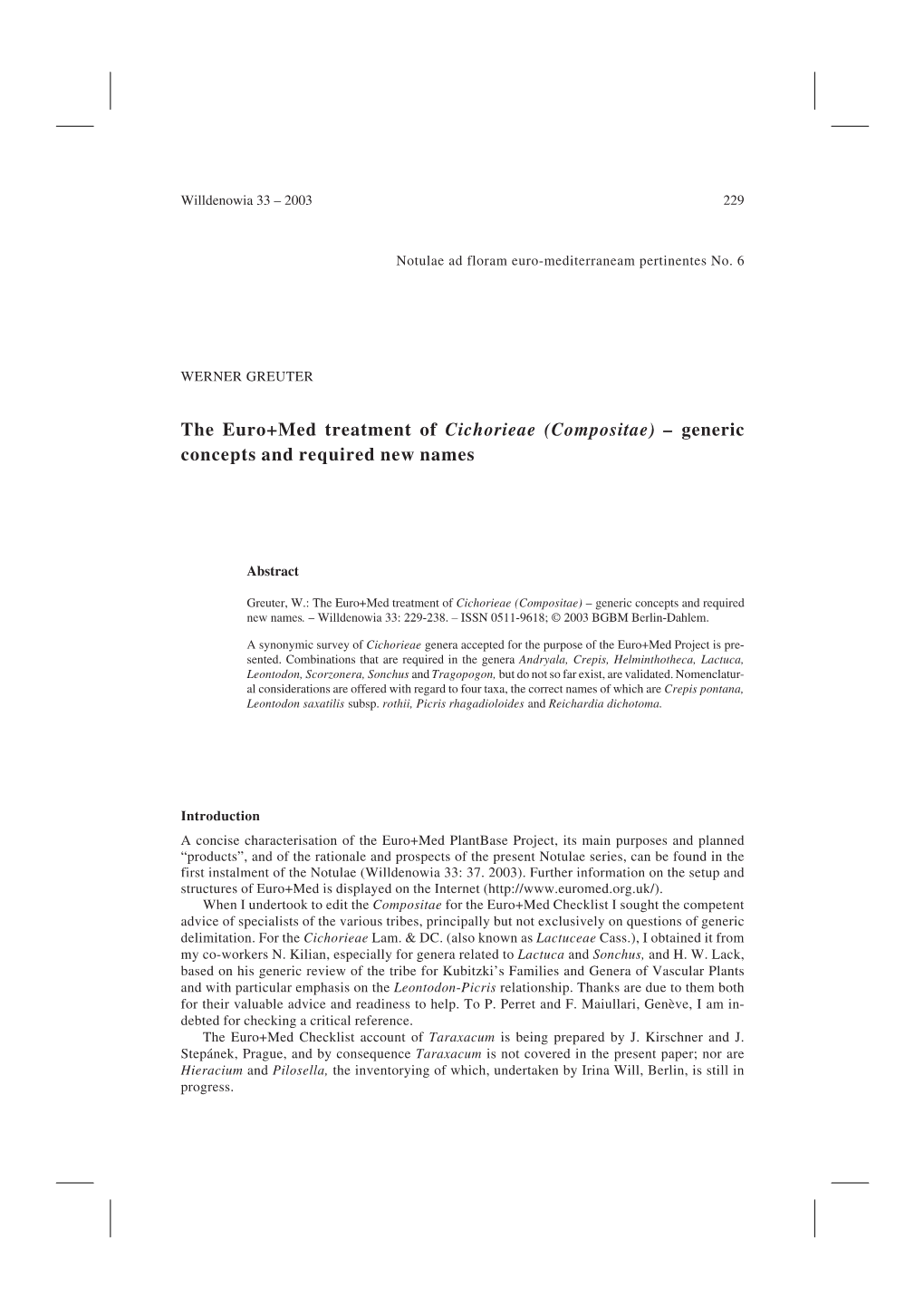 The Euro+Med Treatment of Cichorieae (Compositae) – Generic Concepts and Required New Names
