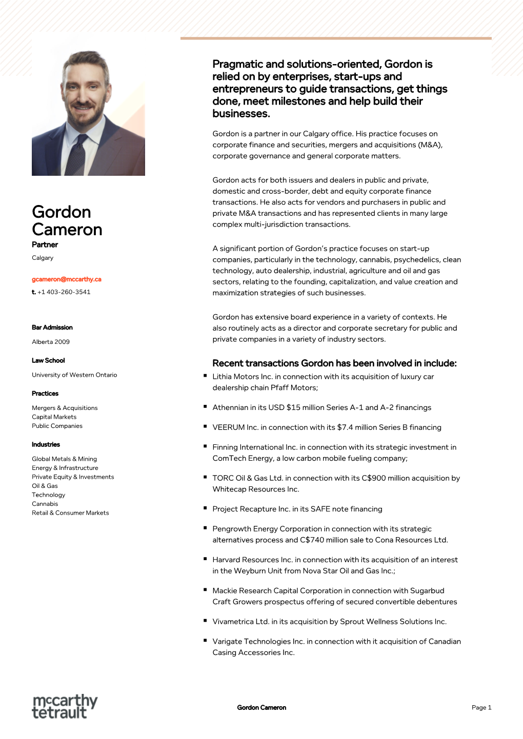 Gordon Cameron Page 1 Fyi Doctors in Connection with Various Optometry Acquisitions