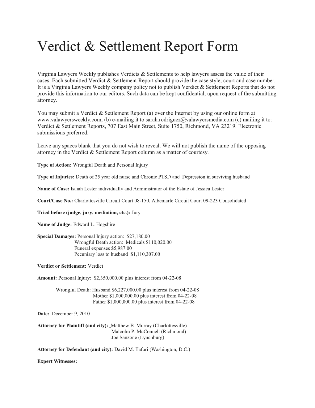 Verdict & Settlement Report Form