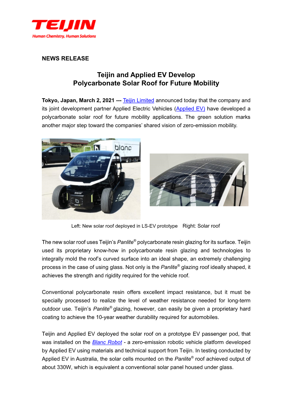 March 2, 2021Materials Teijin and Applied EV Develop Polycarbonate