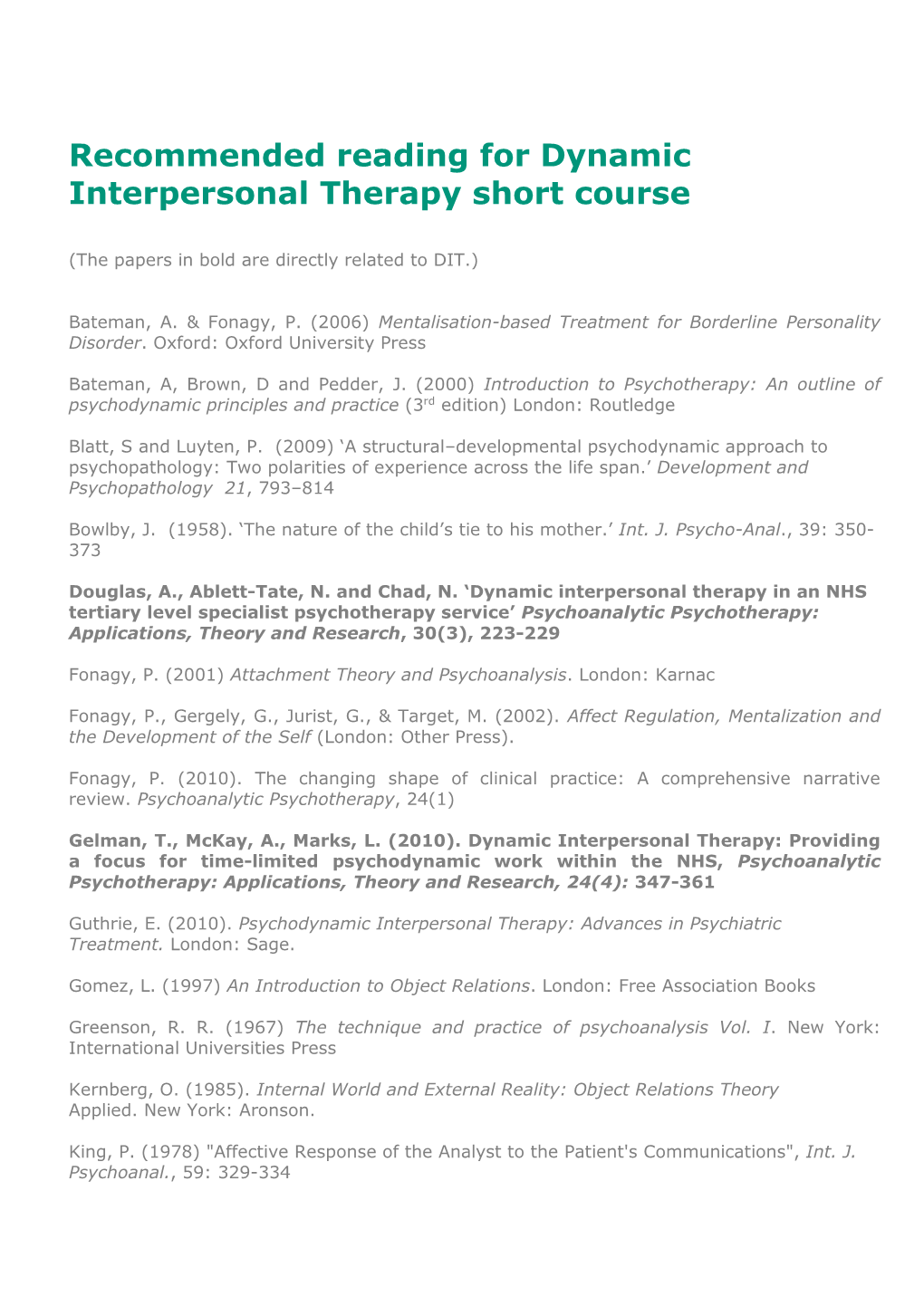 Recommended Reading for Dynamic Interpersonal Therapy Short Course