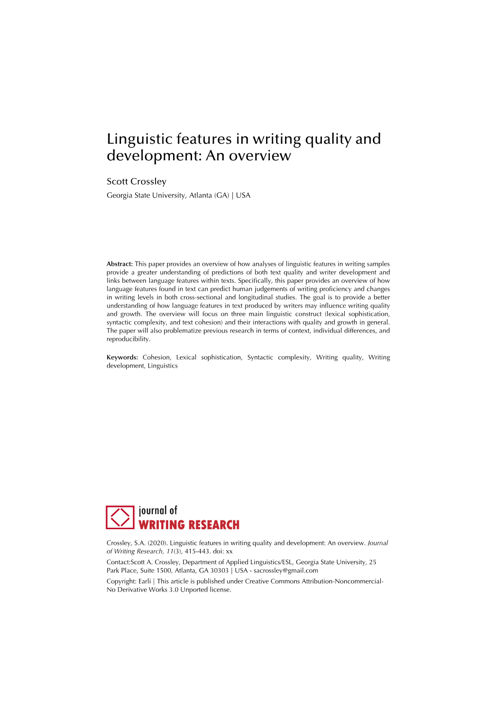 Linguistic Features in Writing Quality and Development: an Overview