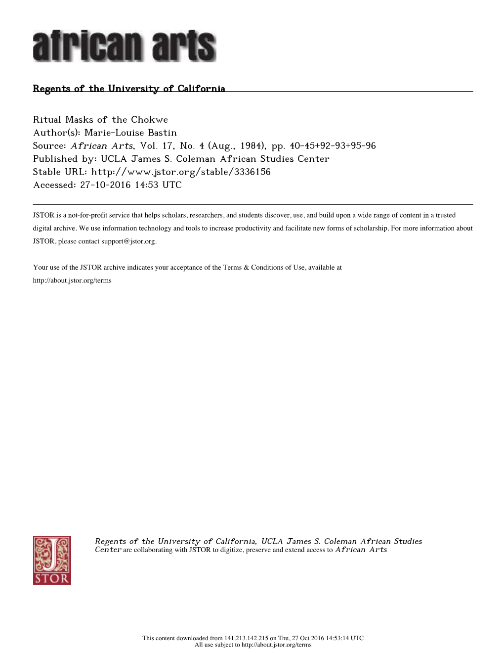 Regents of the University of California Ritual Masks of the Chokwe Author(S)