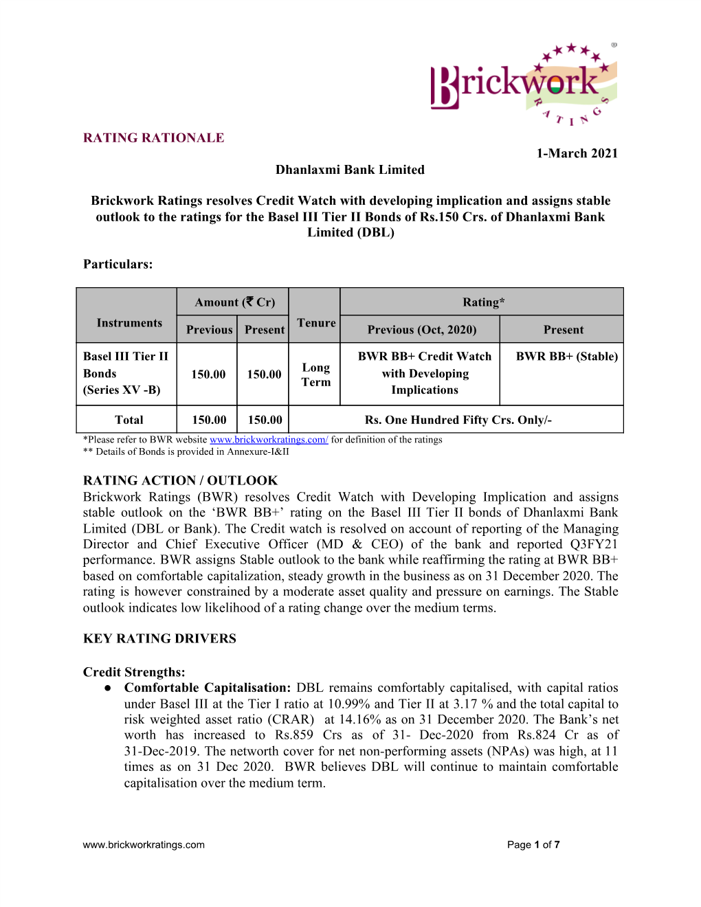 RATING RATIONALE 1-March 2021 Dhanlaxmi Bank Limited Brickwork
