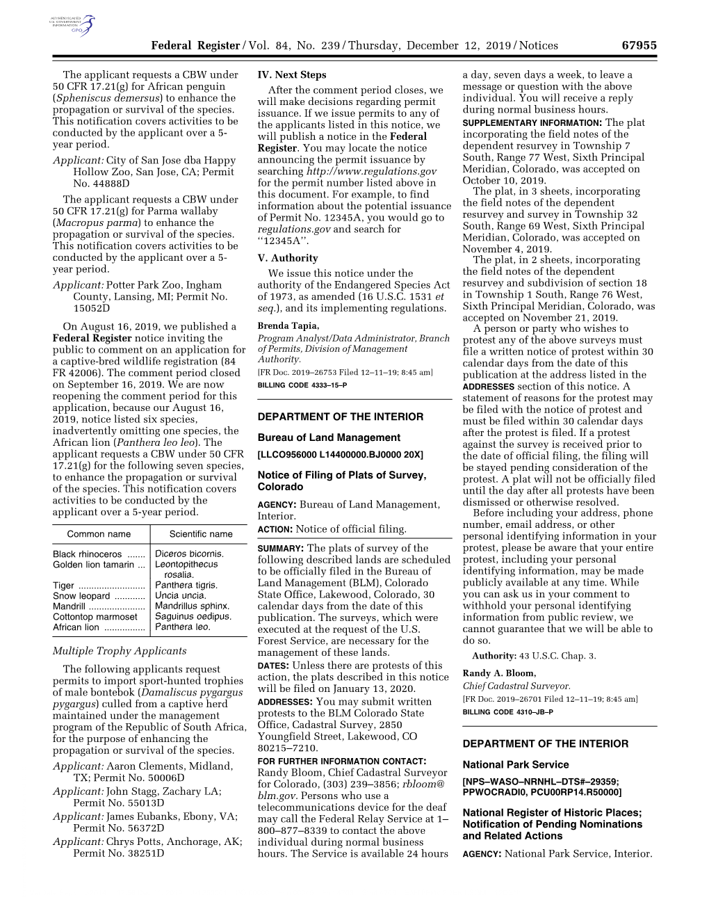 Federal Register/Vol. 84, No. 239/Thursday, December 12, 2019/Notices