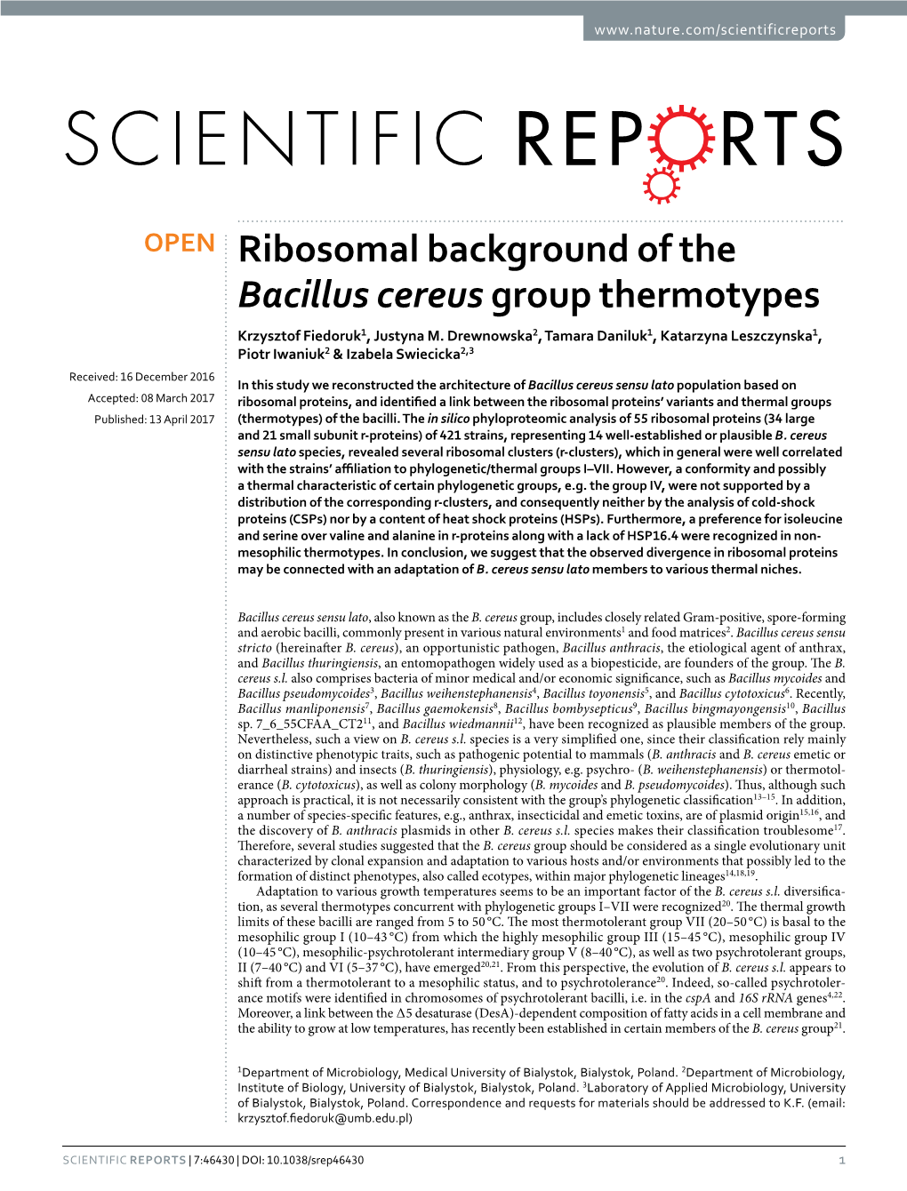 Ribosomal Background of the Bacillus Cereus Group Thermotypes Krzysztof Fiedoruk1, Justyna M