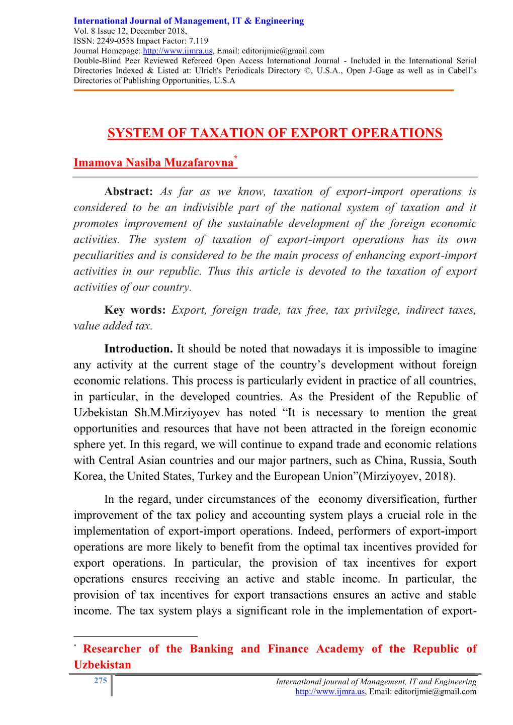 System of Taxation of Export Operations