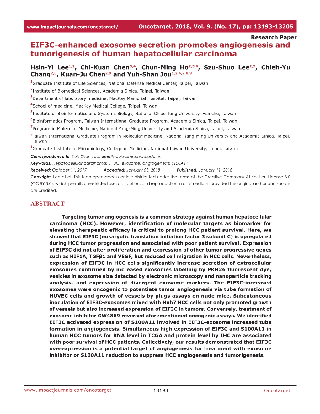 EIF3C-Enhanced Exosome Secretion Promotes Angiogenesis and Tumorigenesis of Human Hepatocellular Carcinoma