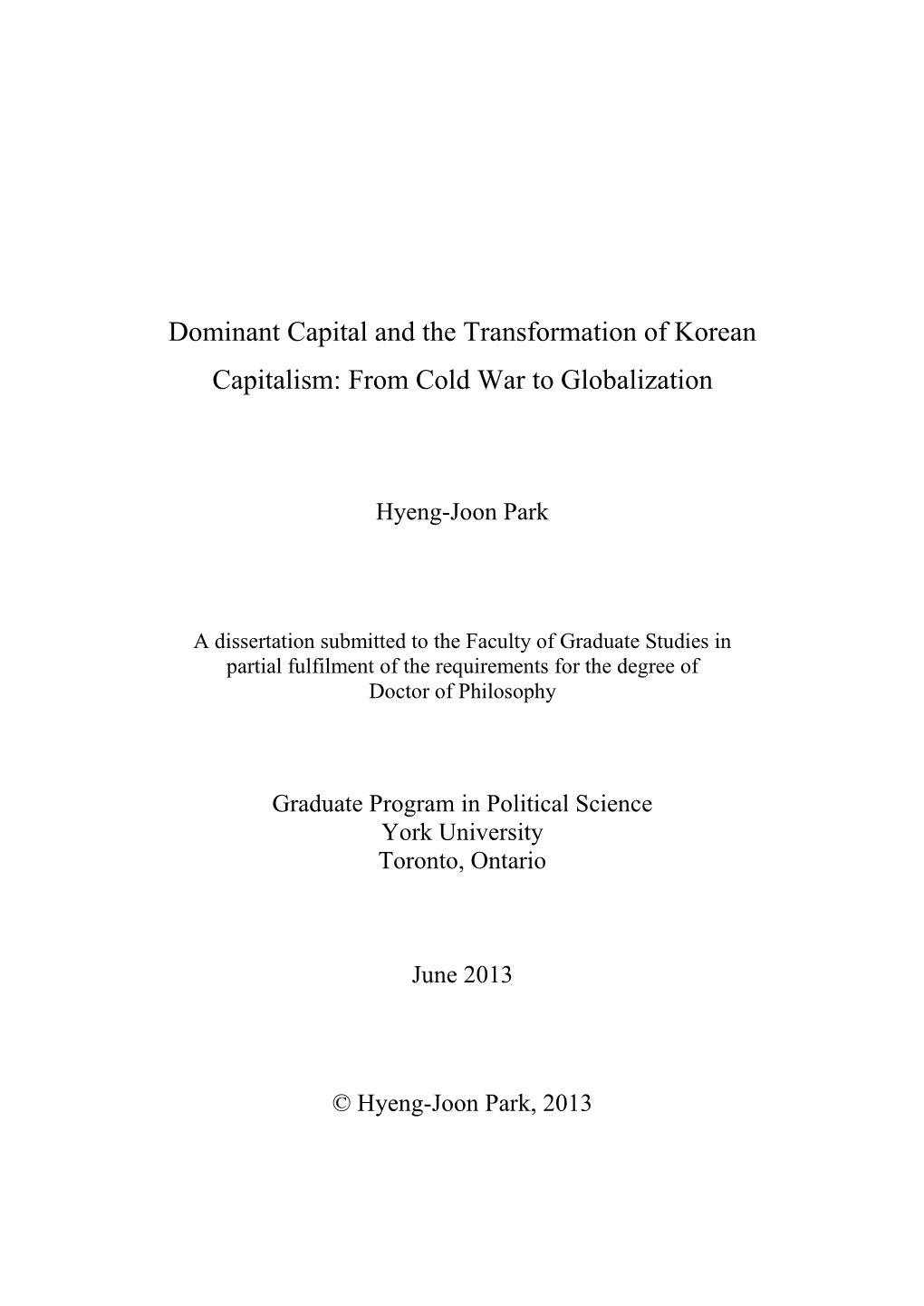 Dominant Capital and the Transformation of Korean Capitalism: from Cold War to Globalization