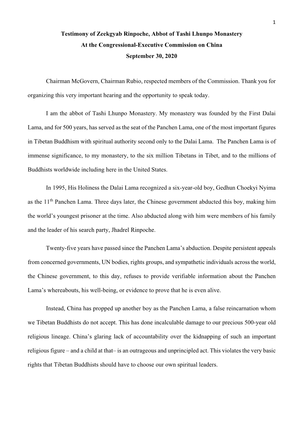 Testimony of Zeekgyab Rinpoche, Abbot of Tashi Lhunpo Monastery at the Congressional-Executive Commission on China September 30, 2020