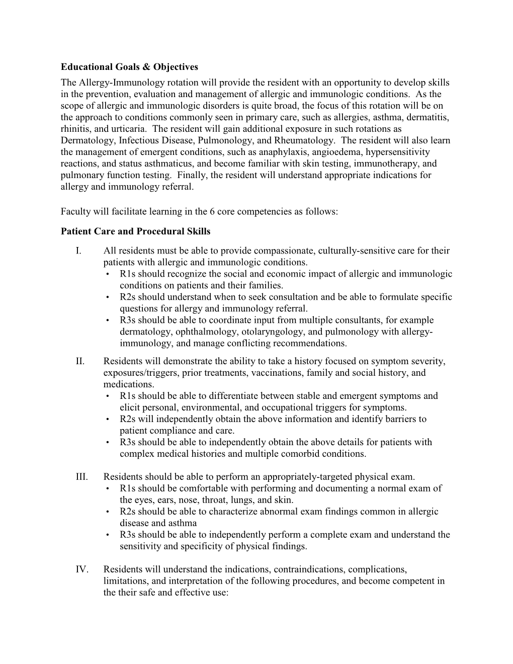 Educational Goals & Objectives the Allergy-Immunology Rotation Will