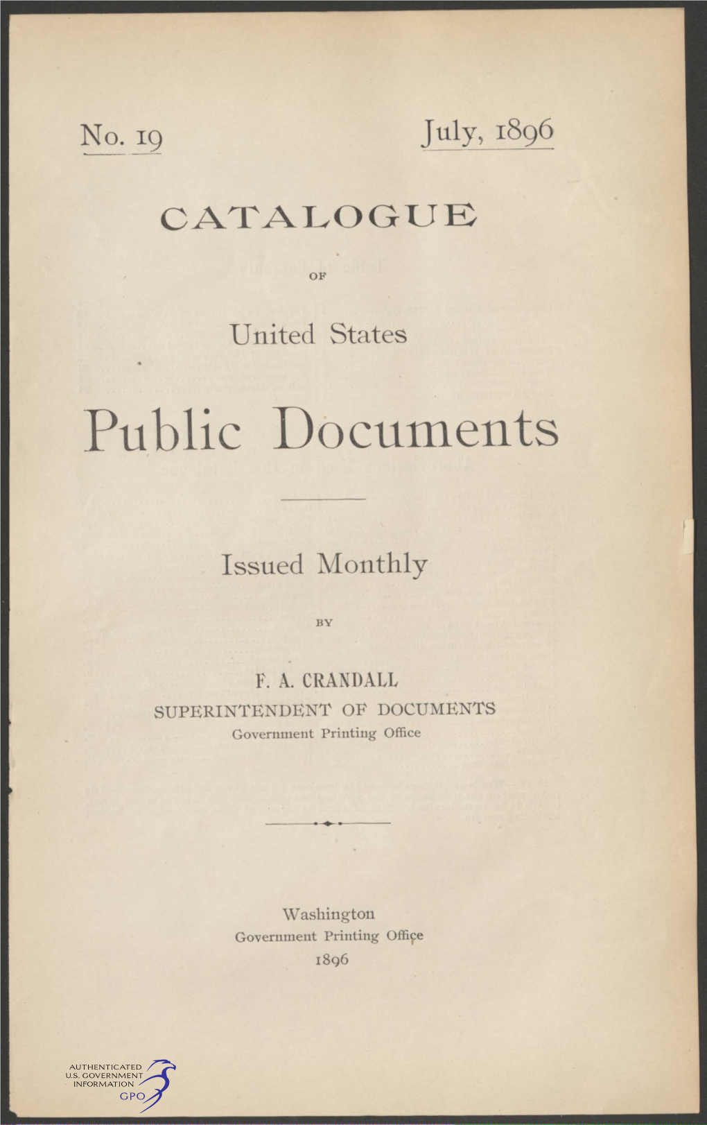 Catalogue of United States Public Documents /July, 1896