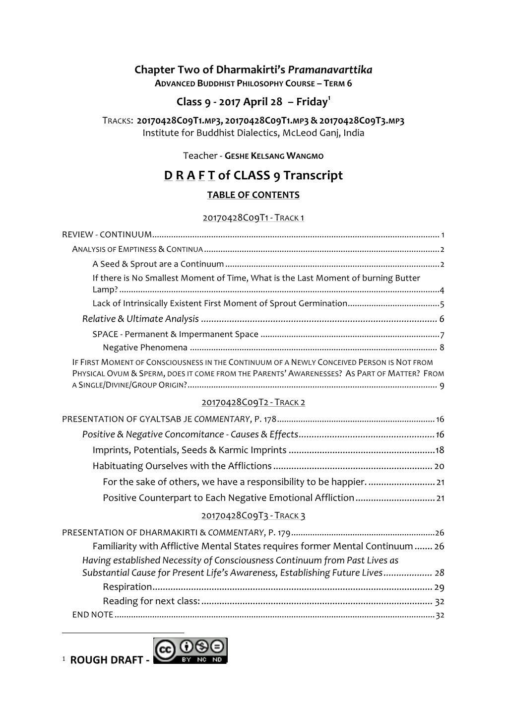 D R a F T of CLASS 9 Transcript TABLE of CONTENTS