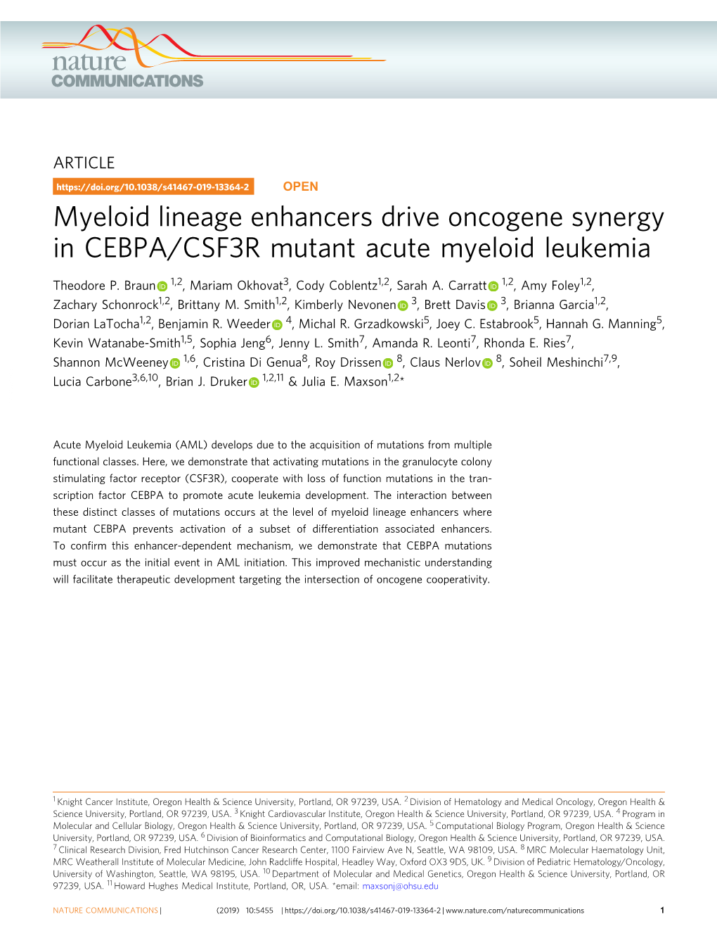 Myeloid Lineage Enhancers Drive Oncogene Synergy in CEBPA/CSF3R Mutant Acute Myeloid Leukemia