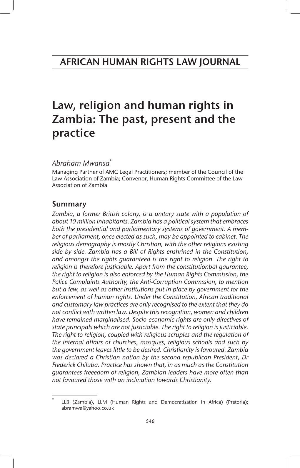 Law, Religion and Human Rights in Zambia: the Past, Present and the Practice