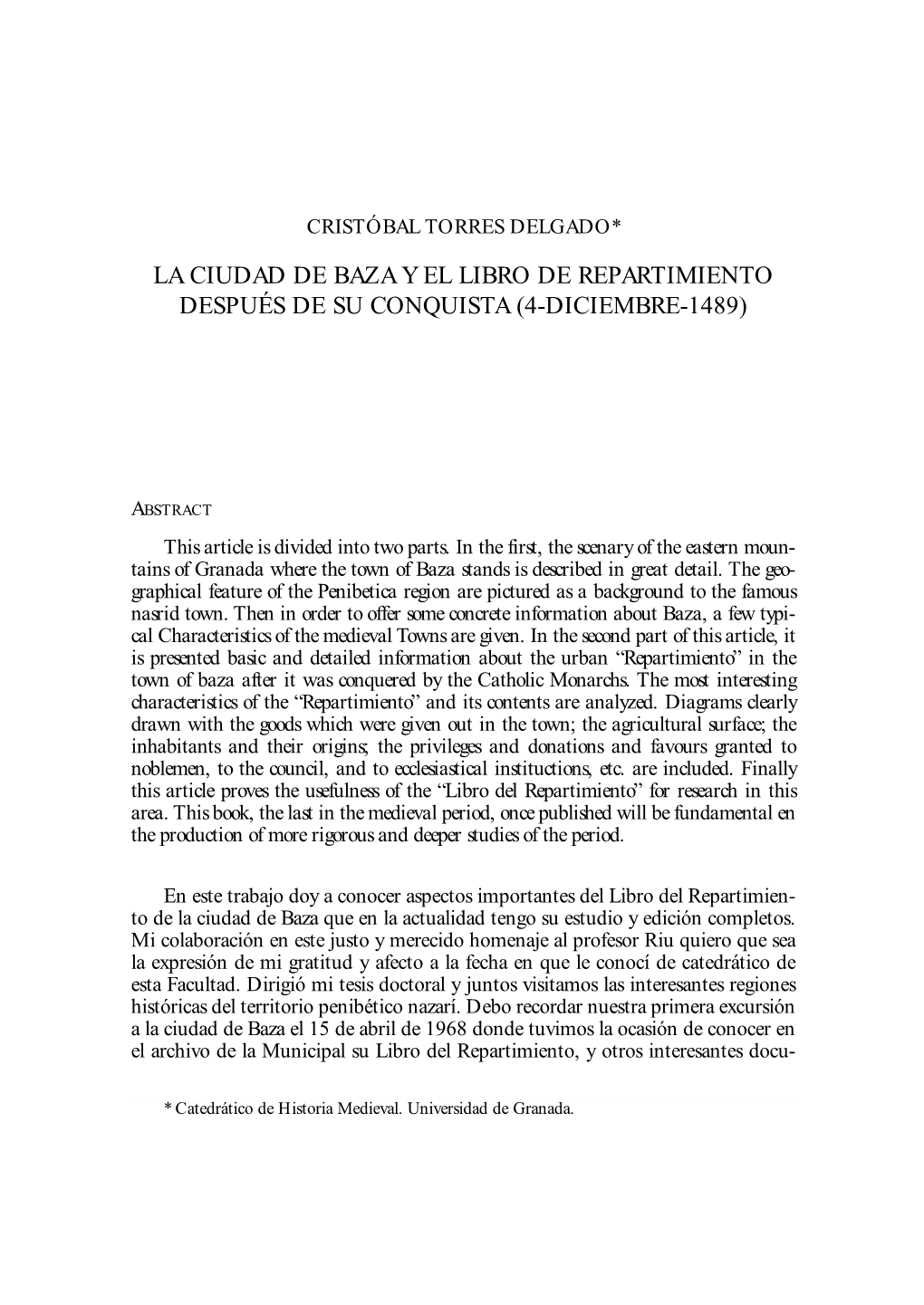 La Ciudad De Baza Y El Libro De Repartimiento Después De Su Conquista (4-Diciembre-1489)