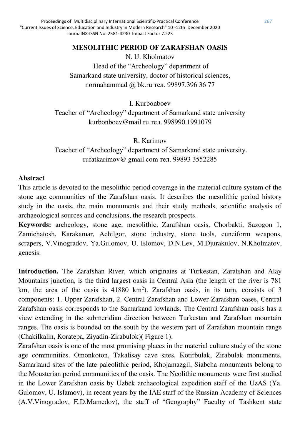 MESOLITHIC PERIOD of ZARAFSHAN OASIS NU Kholmatov