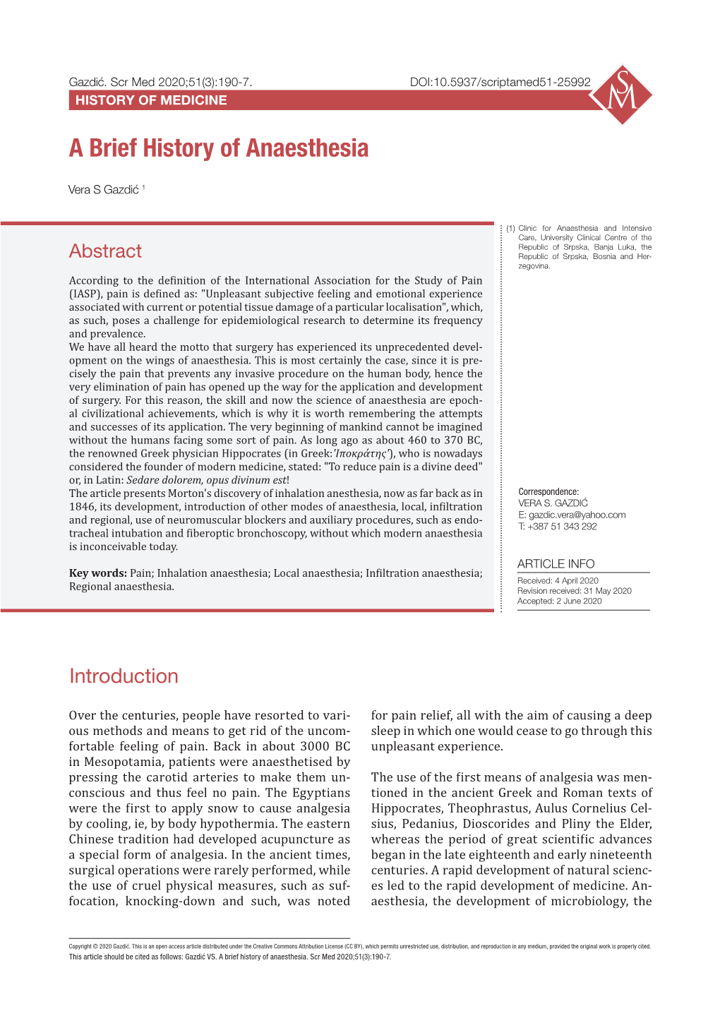 A Brief History of Anaesthesia