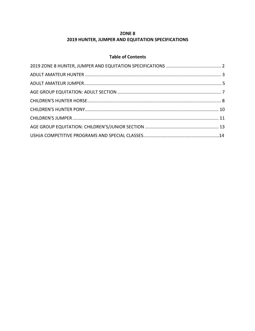 ZONE 8 2019 HUNTER, JUMPER and EQUITATION SPECIFICATIONS Table of Contents 2019 ZONE 8 HUNTER, JUMPER and EQUITATION SPECIFICATI