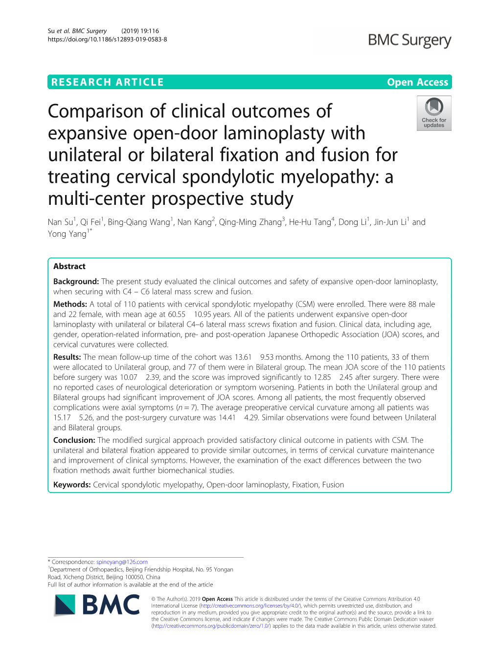 Comparison of Clinical Outcomes of Expansive Open-Door Laminoplasty with Unilateral Or Bilateral Fixation and Fusion for Treatin