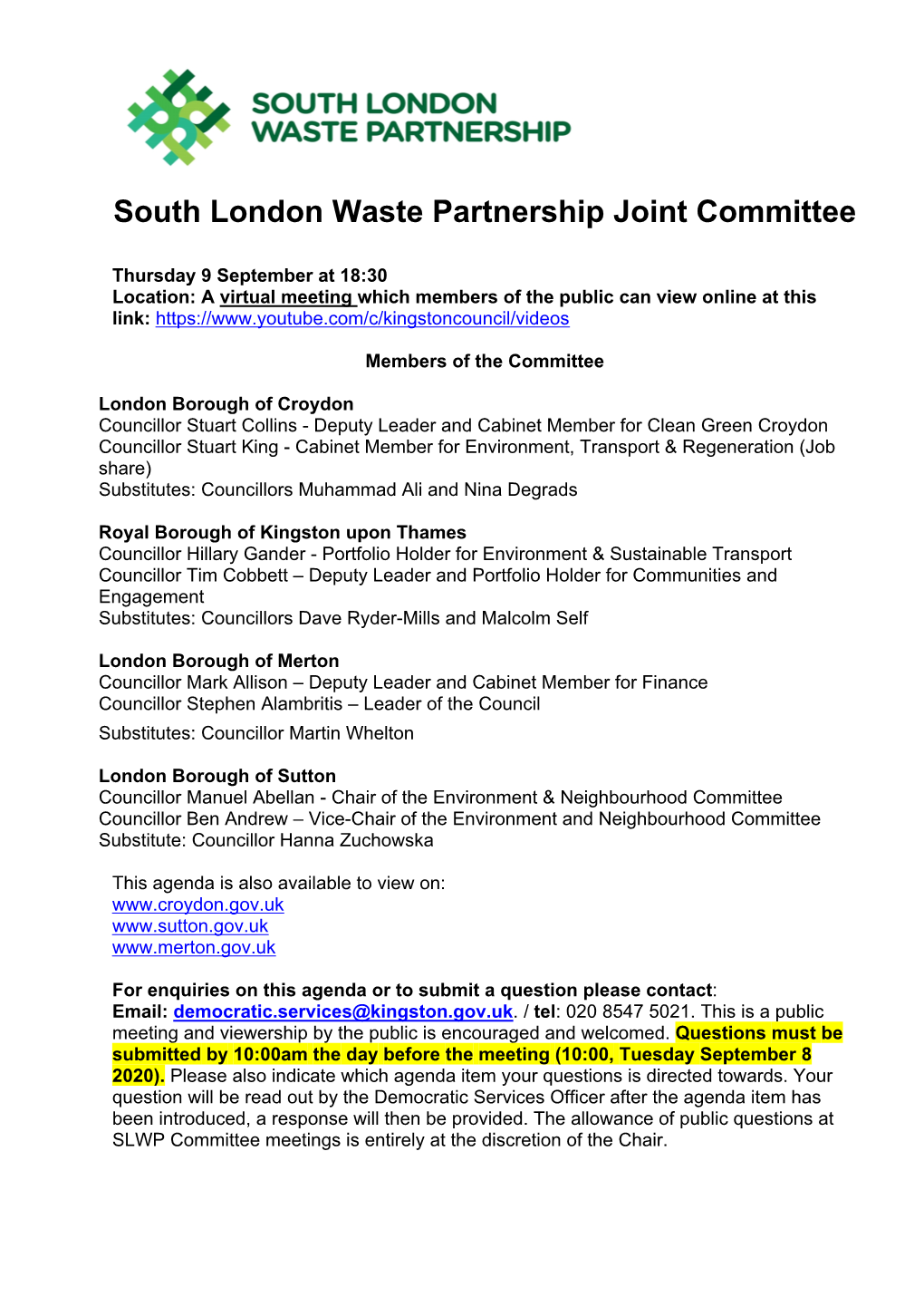 (Public Pack)Agenda Document for South London Waste Partnership Joint Committee, 09/09/2020 18:30