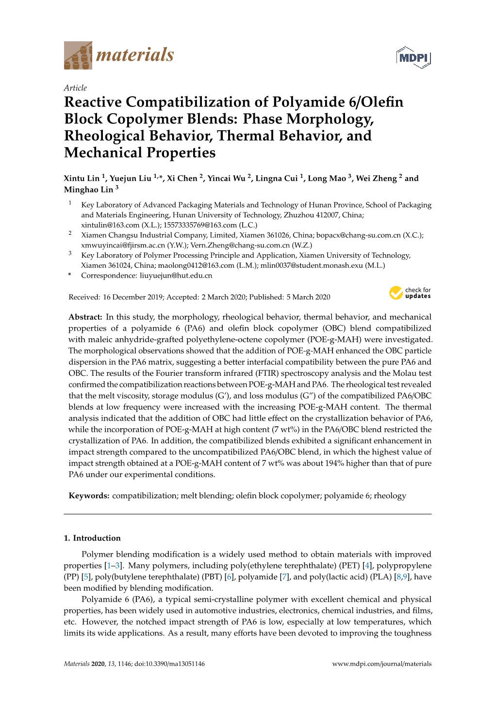 Reactive Compatibilization of Polyamide 6/Olefin Block