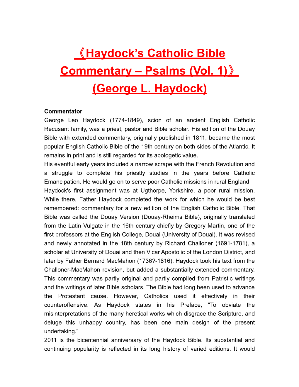 Haydock S Catholic Bible Commentary Psalms (Vol. 1) (George L. Haydock)