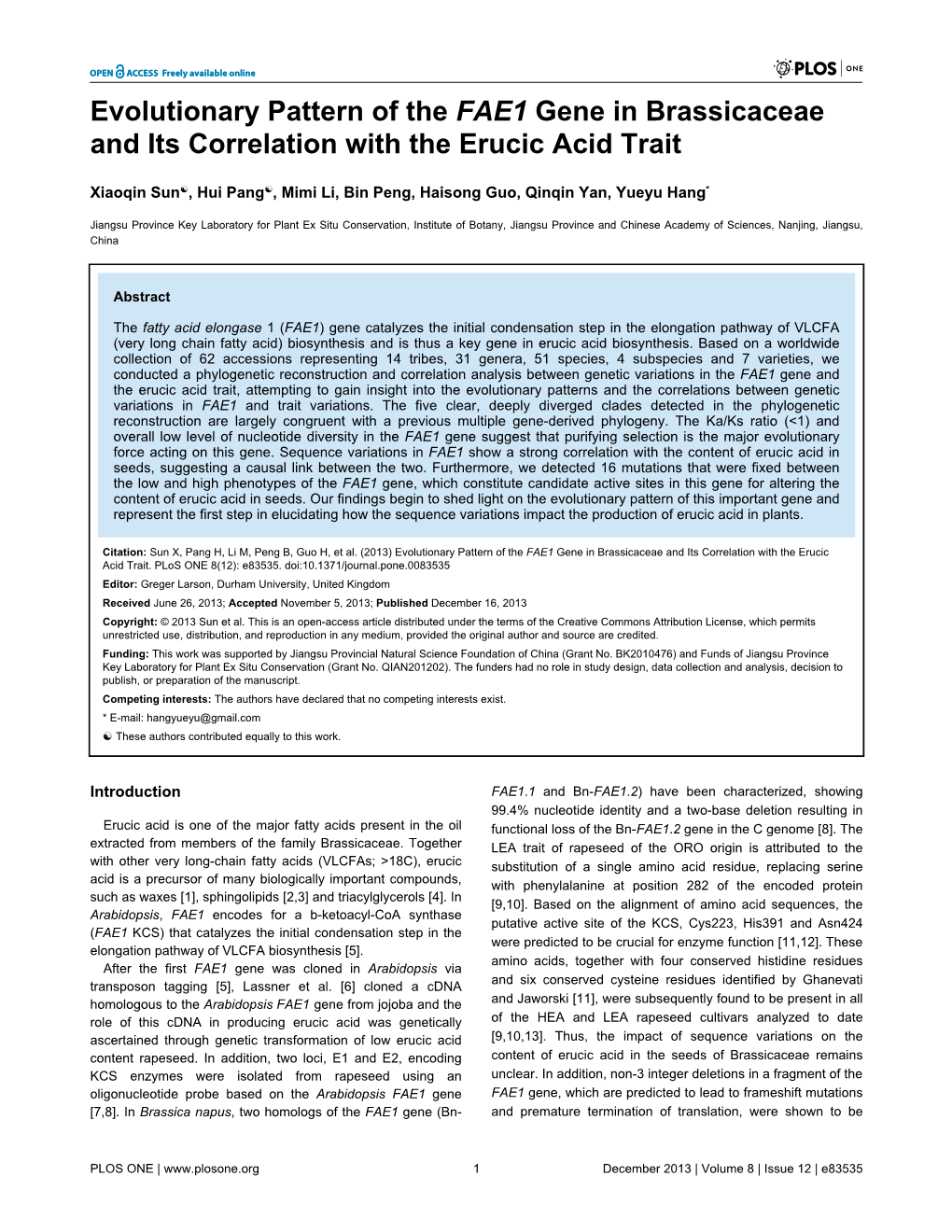 Evolutionary Pattern of the FAE1 Gene in Brassicaceae and Its Correlation with the Erucic Acid Trait