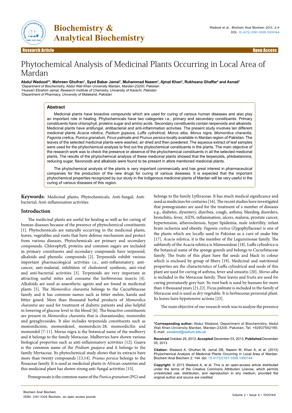 Phytochemical Analysis of Medicinal Plants Occurring in Local Area Of