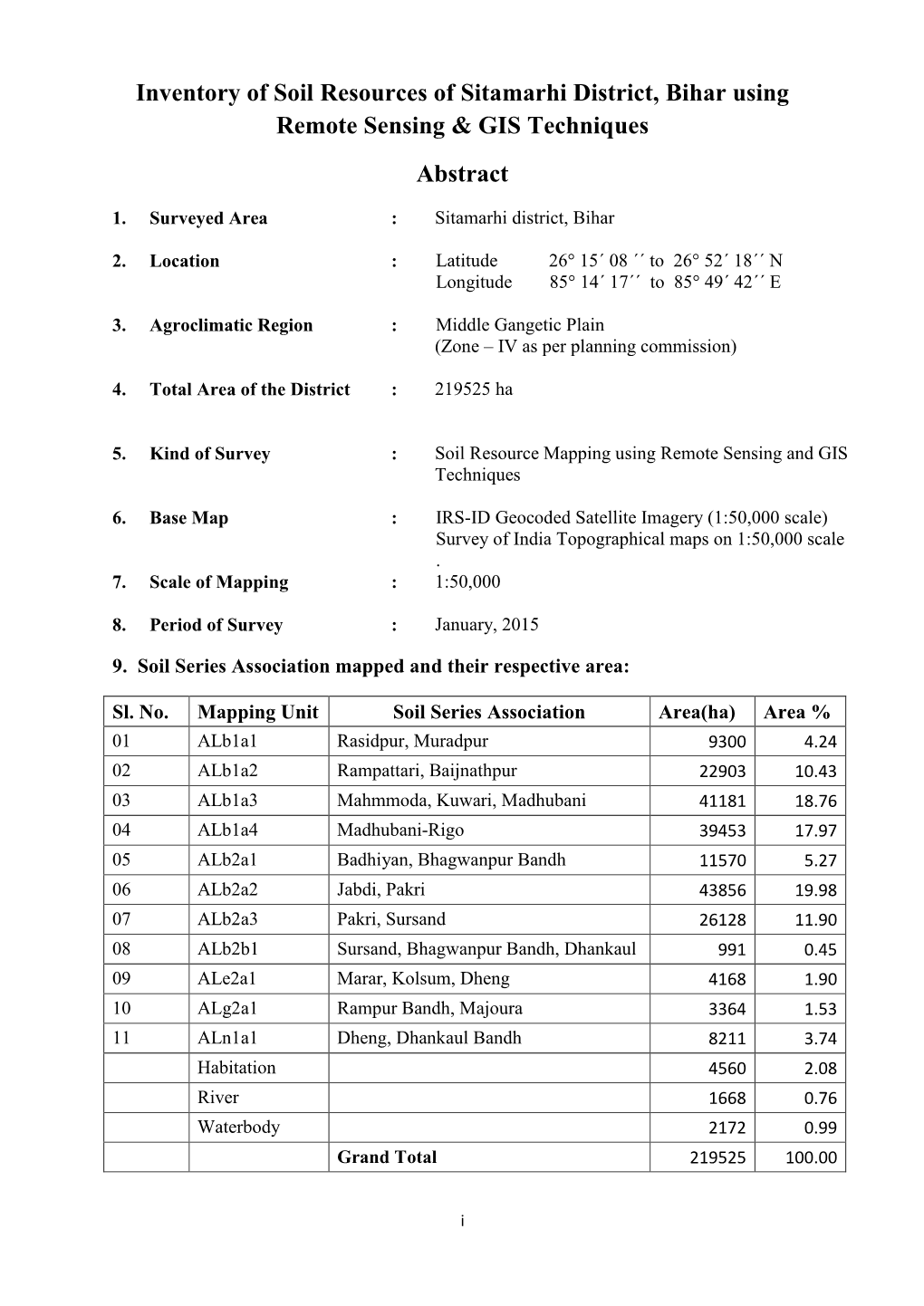 Inventory of Soil Resources of Sitamarhi District, Bihar Using Remote Sensing & GIS Techniques Abstract