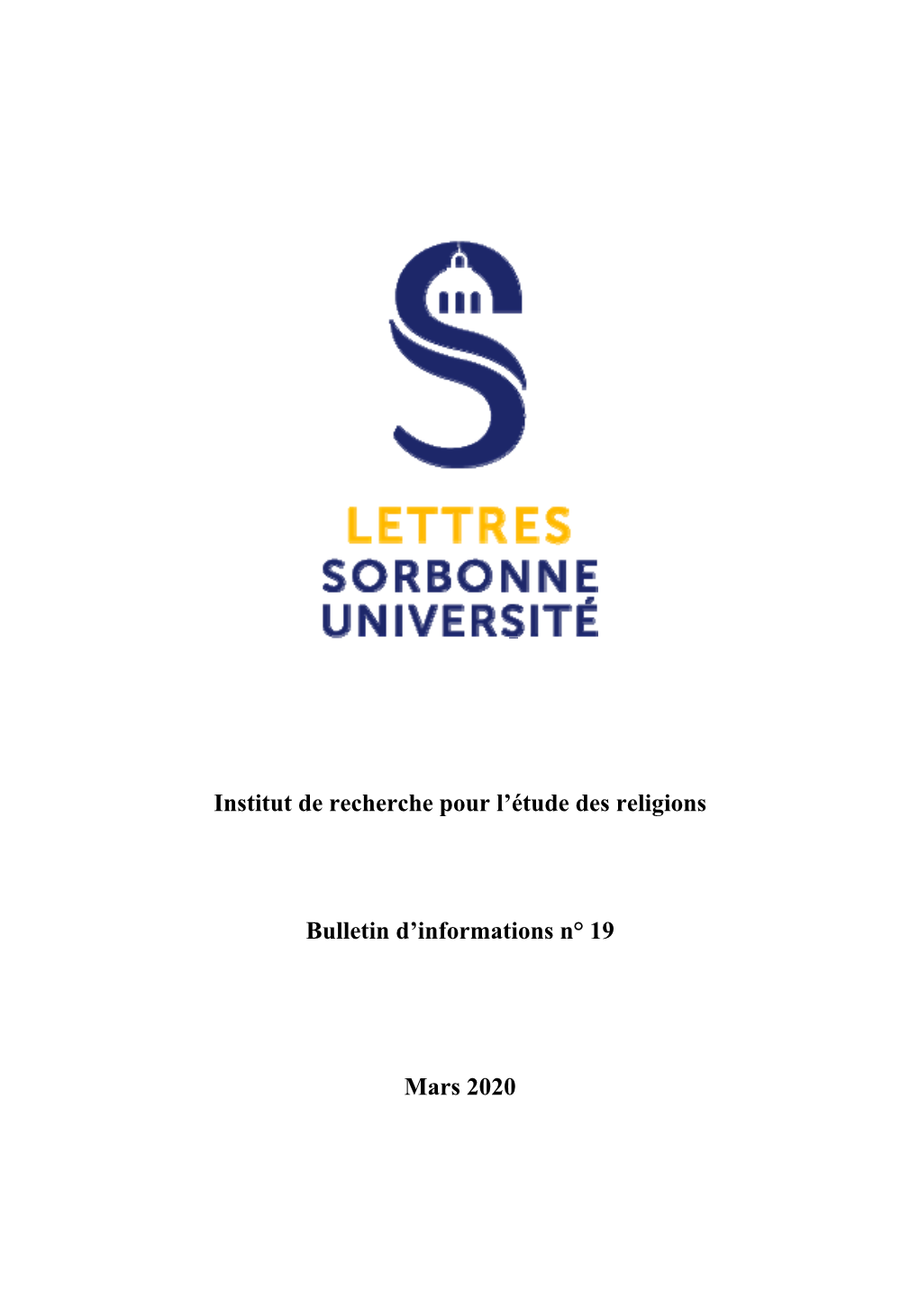 Institut De Recherche Pour L'étude Des Religions Bulletin D'informations N° 19 Mars 2020
