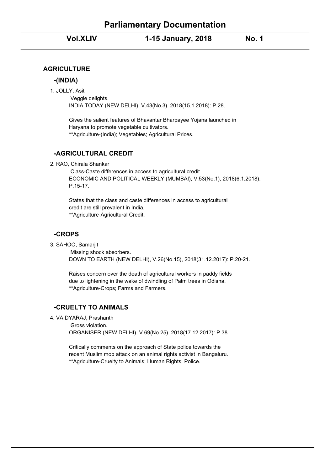 Parliamentary Documentation Vol.XLIV 1-15 January, 2018 No