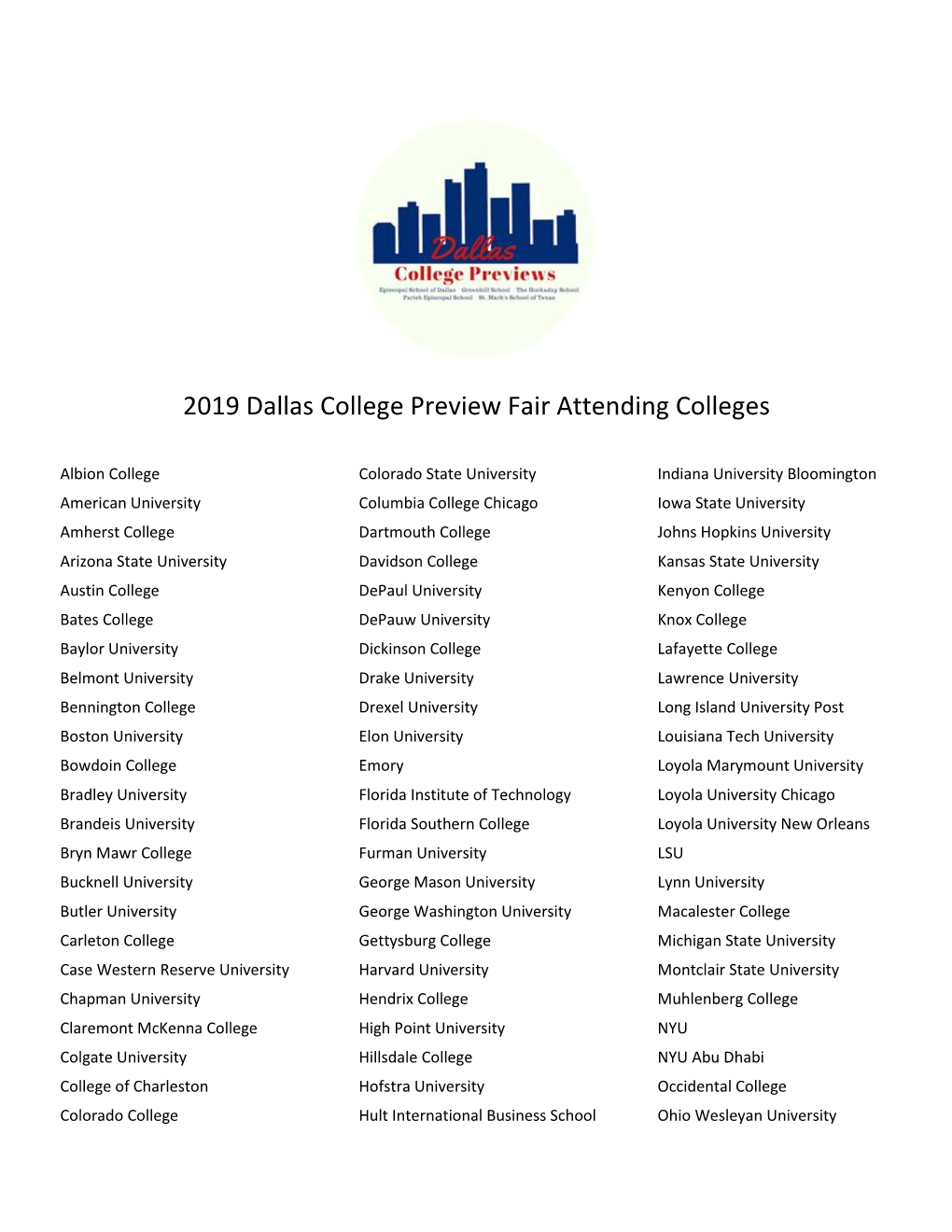 2019 Dallas College Preview Fair Attending Colleges