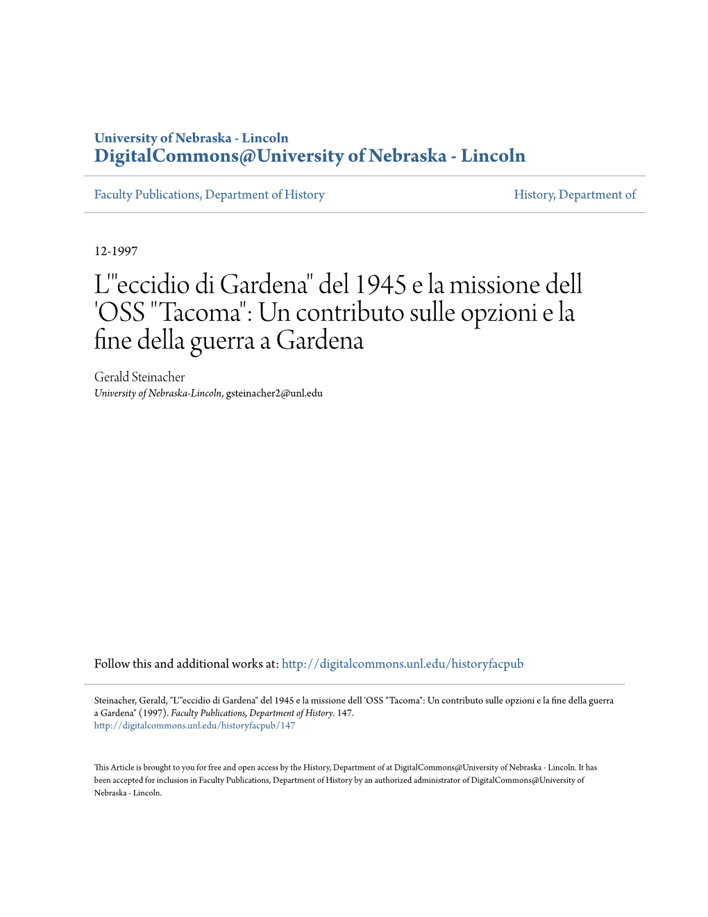 "Eccidio Di Gardena" Del 1945 E La Missione Dell 'OSS "Tacoma": Un