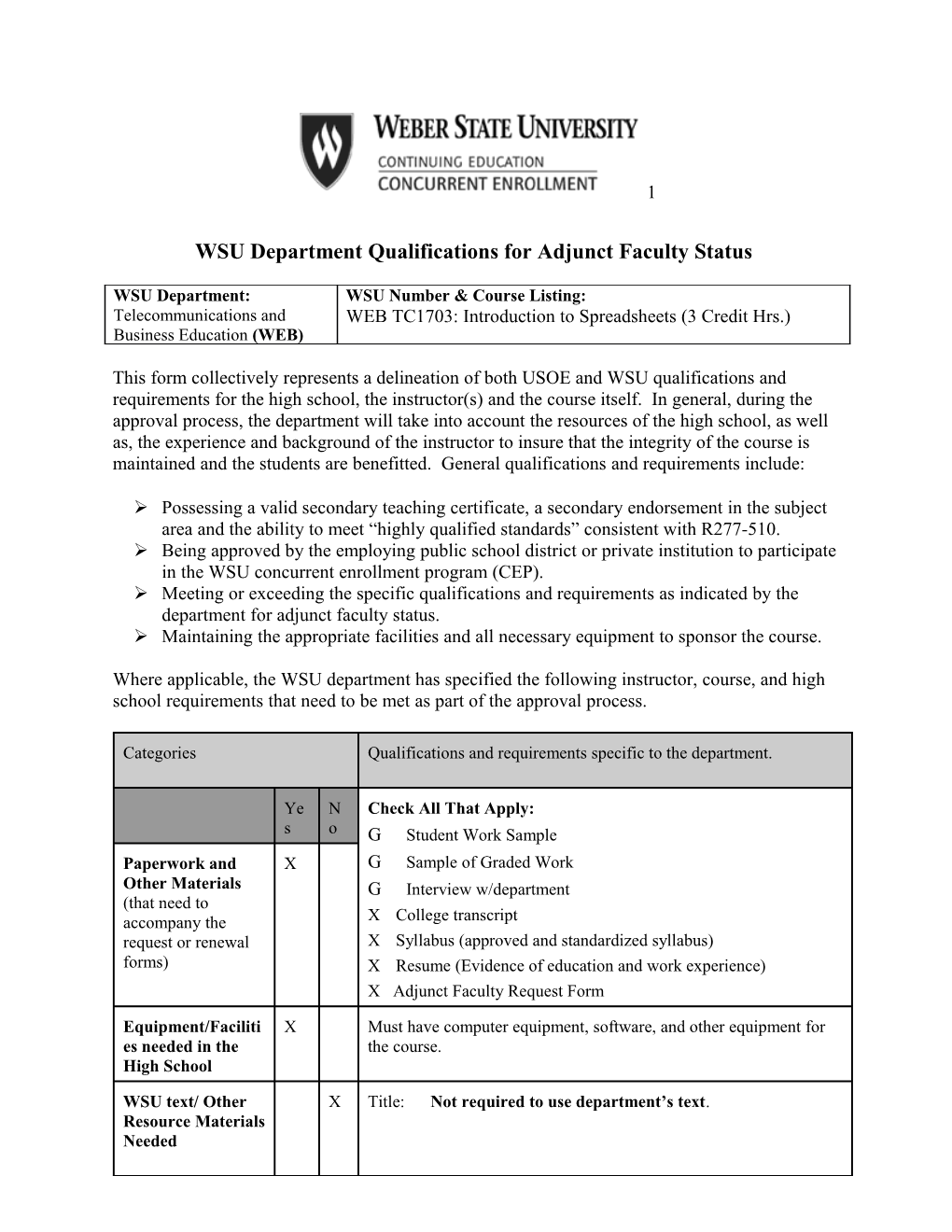 WSU Department Qualifications for Adjunct Faculty Status s1