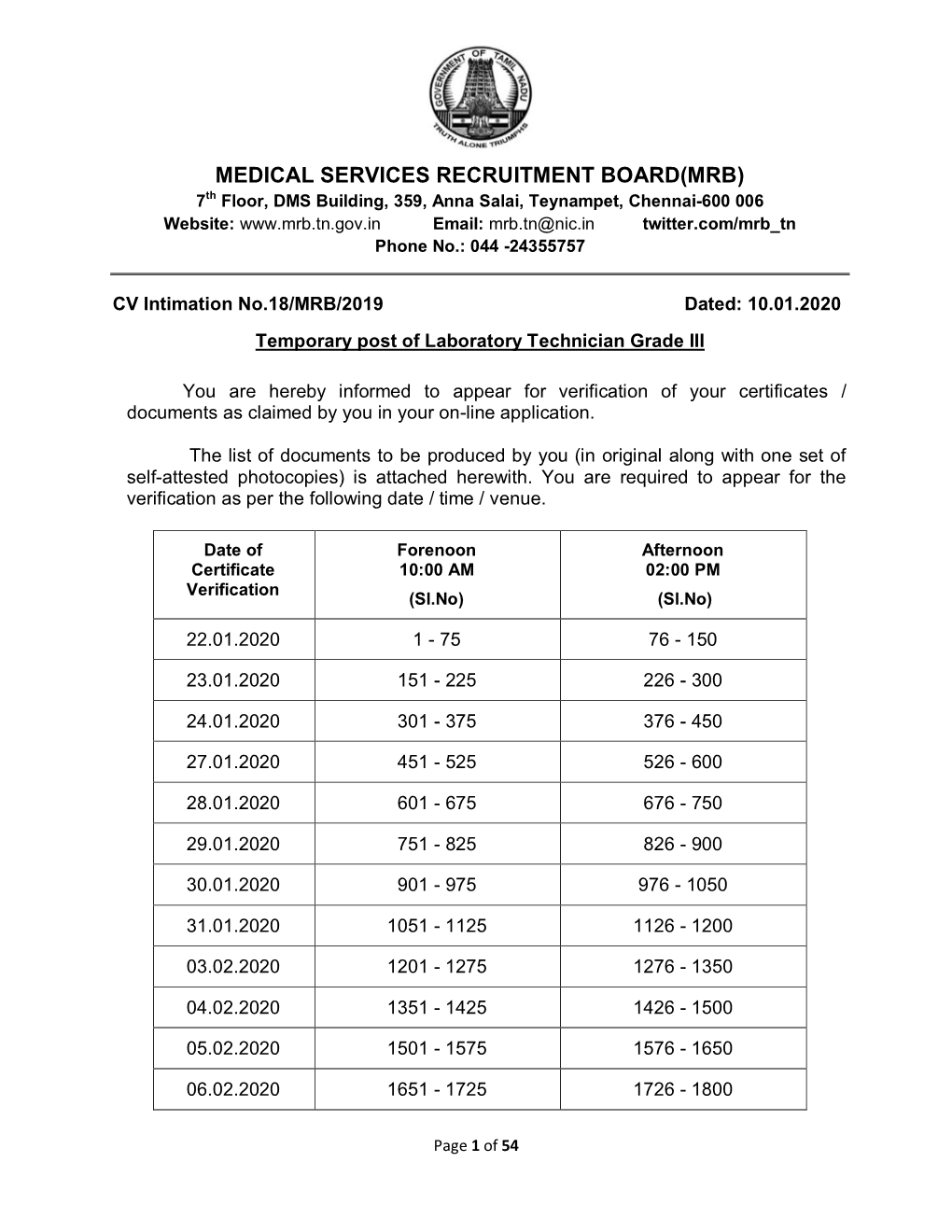 Schedule for Certificate Verification of Laboratory Technician Grade