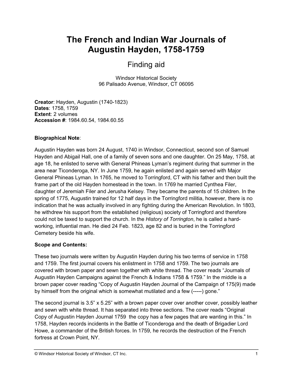 The French and Indian War Journals of Augustin Hayden, 1758-1759